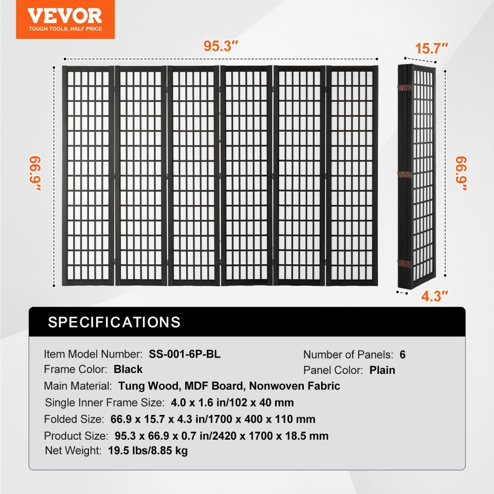 VEVOR Room Divider, 6 Panel Japanese Room Divider, Folding Privacy Screen Indoor, Portable Partition Dividers and Decoration Screens, for Room Separation, Home, Office, Restaurant & Bedroom (Black)
