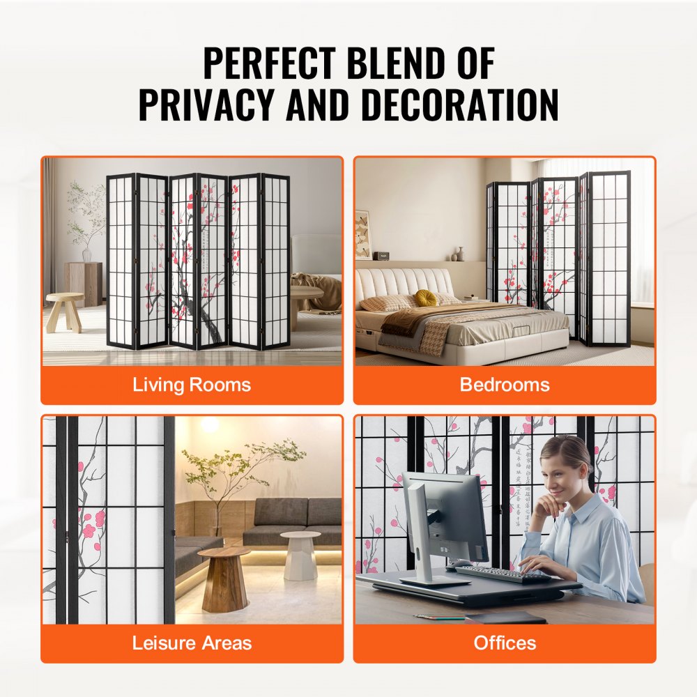 VEVOR Room Divider, 6 Panel Japanese Room Divider Screen, Wood Folding Privacy Screen Indoor, Japanese Partition Portable Decoration Dividers, for Room Separation Home Office Restaurant & Bedroom