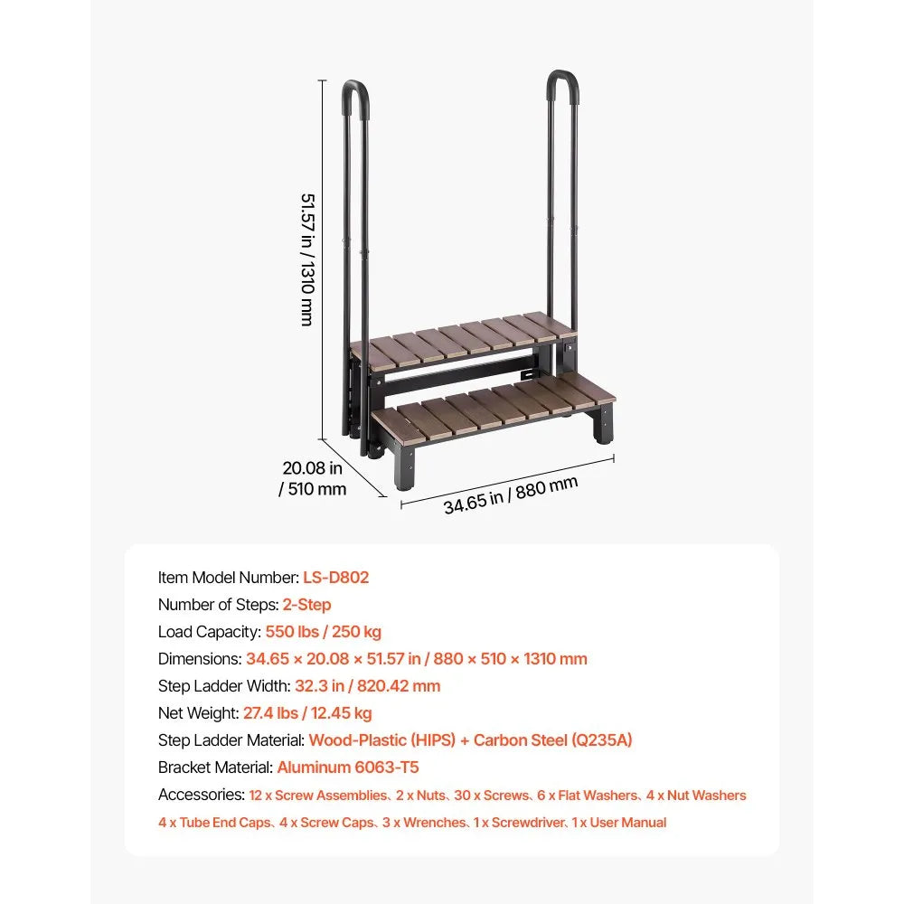 VEVOR Hot Tub Steps with Handrail 2-Step Spa Outdoor Stairs 550lbs Capacity, 32.3in Wide Step, Steel & Plastic, Easy Assembly, Non-Slip Step Ladder for Above-Ground/Inflatable Pool, RV,Patio,Deck