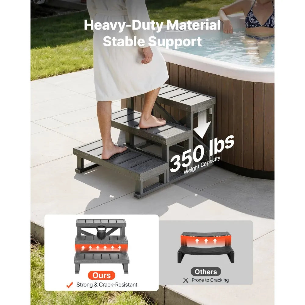 VEVOR Hot Tub Steps 3-Step Spa Stairs 27.5 in Wide Step Ladder Outdoor, 350 lbs Capacity, Sturdy HIPS Plastic, Non-Slip Foot Pads, Easy Assembly, Stable Access for Pool, RV, Home Patio and Backyard