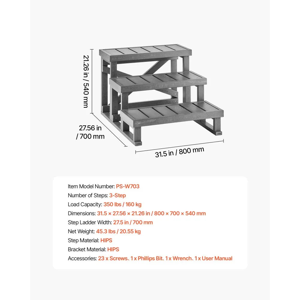 VEVOR Hot Tub Steps 3-Step Spa Stairs 27.5 in Wide Step Ladder Outdoor, 350 lbs Capacity, Sturdy HIPS Plastic, Non-Slip Foot Pads, Easy Assembly, Stable Access for Pool, RV, Home Patio and Backyard