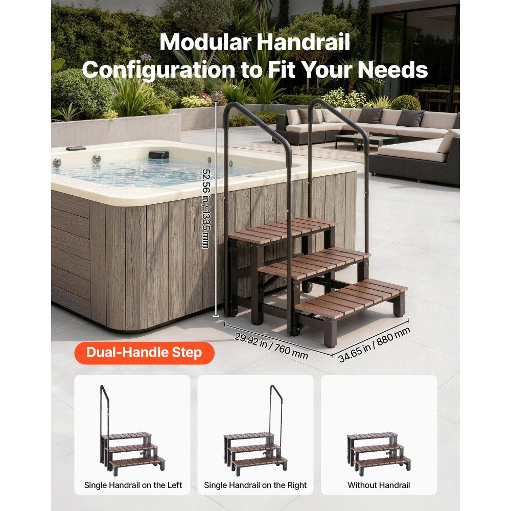 VEVOR Hot Tub Steps with Handrail 3-Step Spa Outdoor Stairs 550lbs Capacity, 32.3in Wide Step, Steel & Plastic, Easy Assembly, Non-Slip Step Ladder for Above-Ground/Inflatable Pool, RV,Patio,Deck