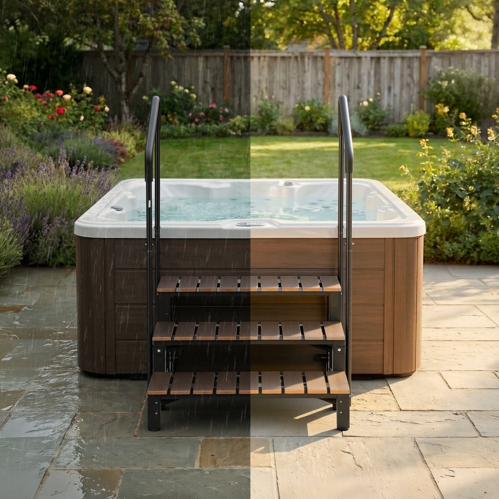 VEVOR Hot Tub Steps with Handrail 3-Step Spa Outdoor Stairs 550lbs Capacity, 32.3in Wide Step, Steel & Plastic, Easy Assembly, Non-Slip Step Ladder for Above-Ground/Inflatable Pool, RV,Patio,Deck