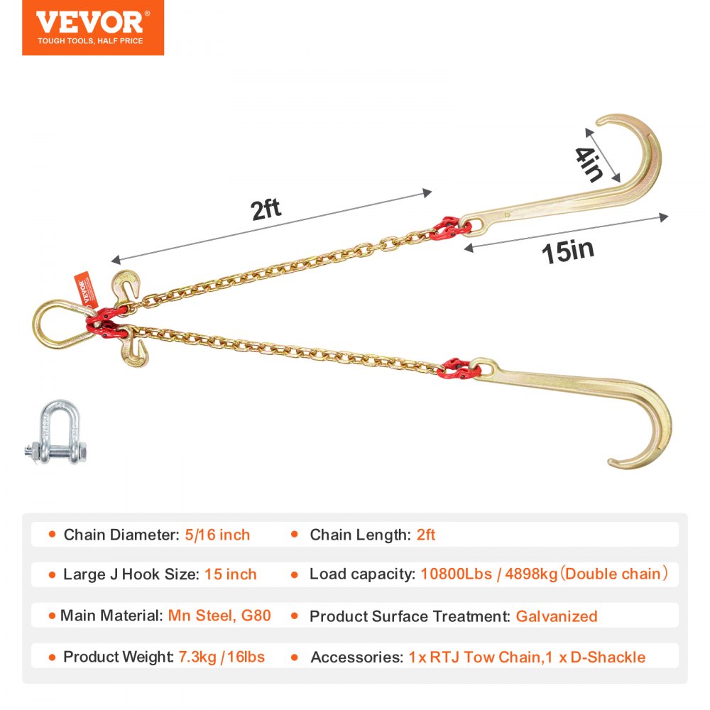 VEVOR G80 V Bridle Chain, 5/16" x 2' Towing Chain Bridle with 15" J Hooks and Grab Hooks, Heavy Duty Transport Tow Chain Bridle with 10800 lbs Safe Working Load for Flatbed Truck Wrecker Recovery