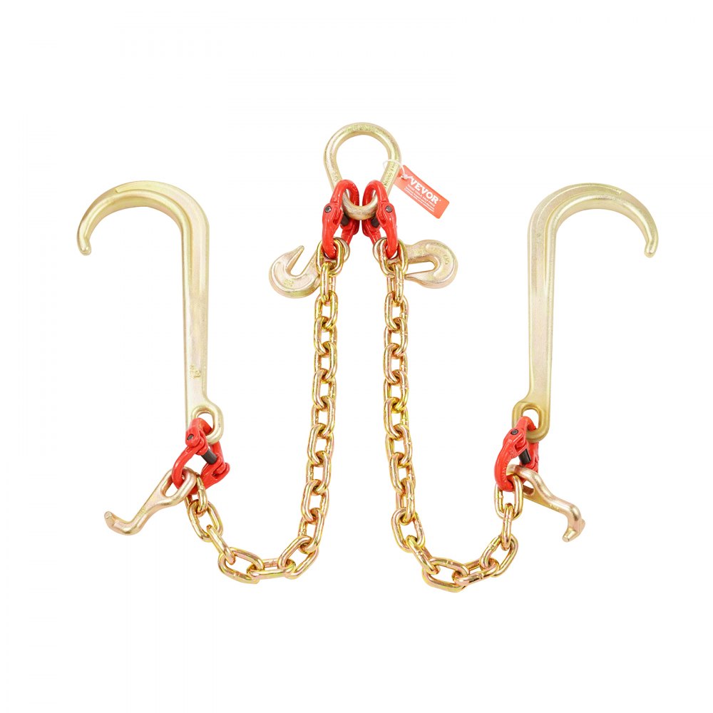 VEVOR G80 V Bridle Chain, 3/8" x 2' Towing Chain Bridle with 15" J Hooks, T Hooks & Grab Hooks, Heavy Duty Transport Tow Chain Bridle with 7800 lbs Safe Working Load for Flatbed Truck Wrecker Recovery