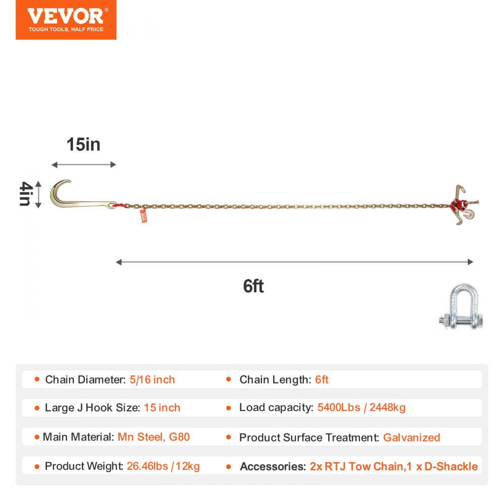 VEVOR J Hook Chain, 2PCS 5/16" x 6' G80 15" Long Shank J Hook Tow Chain with RTJ Cluster Hook & Grab Hook, 5400 lbs Working Load, Heavy Duty Transport Truck Chain for Wrecker Recovery Trailer Towing