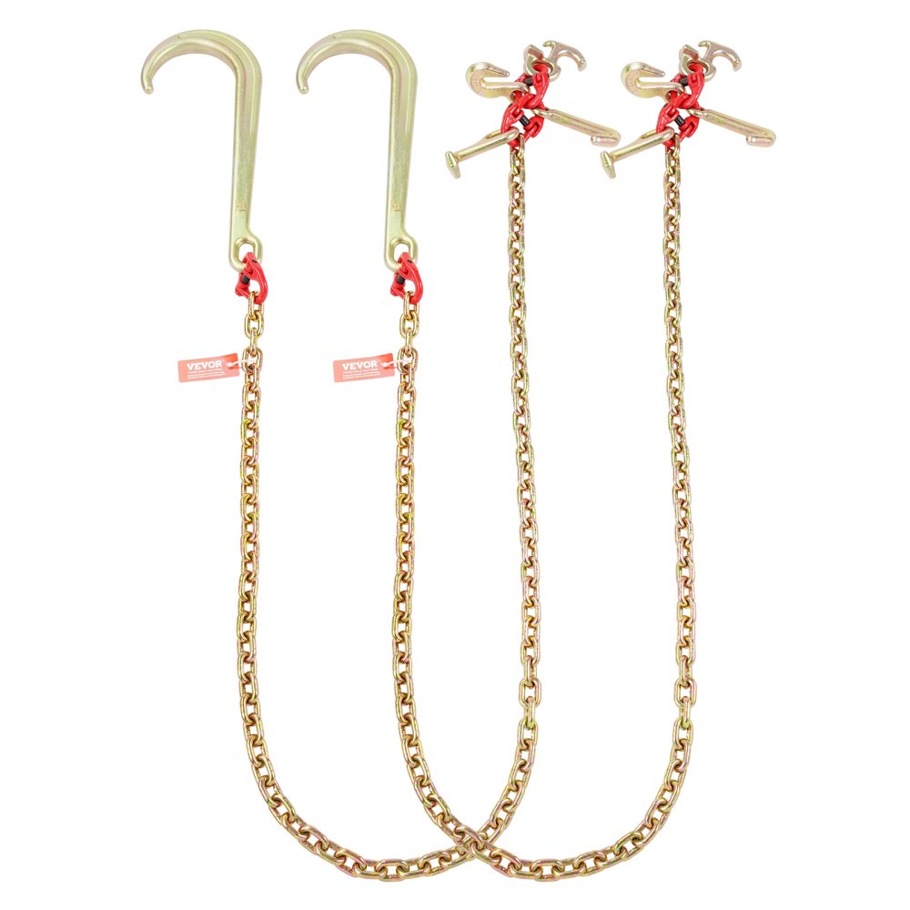 VEVOR J Hook Chain, 2PCS 5/16" x 6' G80 15" Long Shank J Hook Tow Chain with RTJ Cluster Hook & Grab Hook, 5400 lbs Working Load, Heavy Duty Transport Truck Chain for Wrecker Recovery Trailer Towing