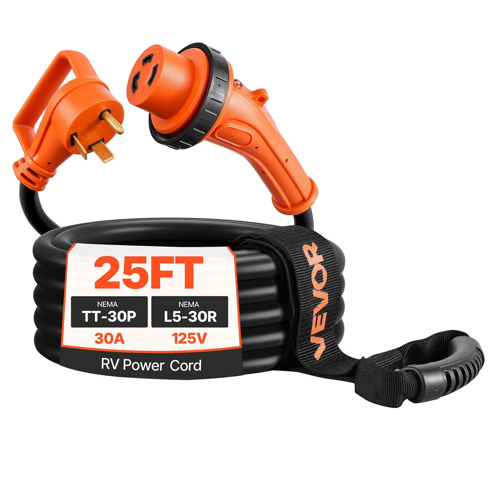 VEVOR 30 Amp 25 Feet RV Power Cord, 125V 3750W, Heavy Duty 10/3 Gauge STW Generator Cord, NEMA TT-30P to NEMA L5-30R, with Twist Lock, Indicator Light, Grip Handle, 15A Adapter, for RV Trailer, Black