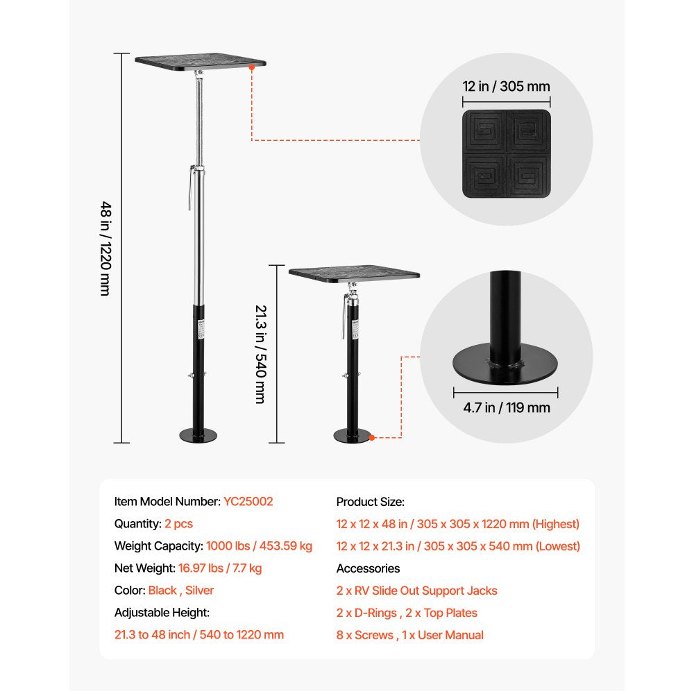 VEVOR RV Slide Out Support Jack, 2 PCS Camper Slide-Out Leveling Jack, Powder-Coated Steel Support Jacks for RV, Camper, Travel Trailer, Supports Up to 1000lbs, Adjustable from 21.3 inch to 48 inch