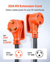 VEVOR 100 FT RV Extension Cord, 30 Amp, 125V 2500W Heavy Duty STW 10/3 Gauge Wire, NEMA TT-30P Male NEMA TT-30R Female Plug, with LED Power Indicator, Handle, 15A Adapter, for RV Trailer, ETL Listed