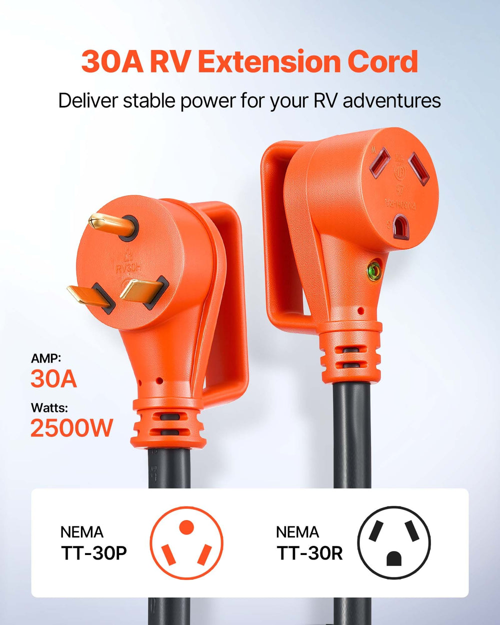 VEVOR 100 FT RV Extension Cord, 30 Amp, 125V 2500W Heavy Duty STW 10/3 Gauge Wire, NEMA TT-30P Male NEMA TT-30R Female Plug, with LED Power Indicator, Handle, 15A Adapter, for RV Trailer, ETL Listed
