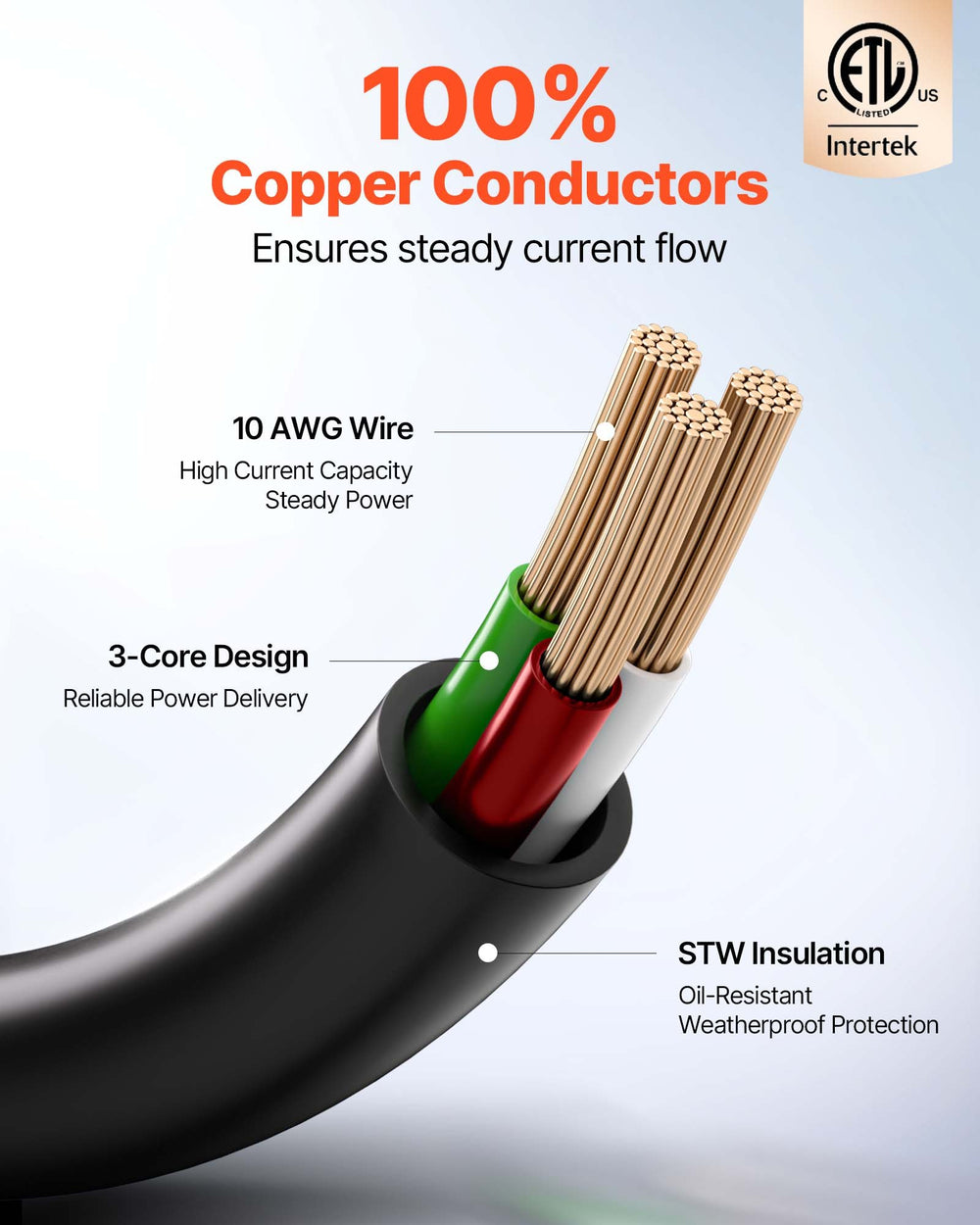 VEVOR 100 FT RV Extension Cord, 30 Amp, 125V 2500W Heavy Duty STW 10/3 Gauge Wire, NEMA TT-30P Male NEMA TT-30R Female Plug, with LED Power Indicator, Handle, 15A Adapter, for RV Trailer, ETL Listed