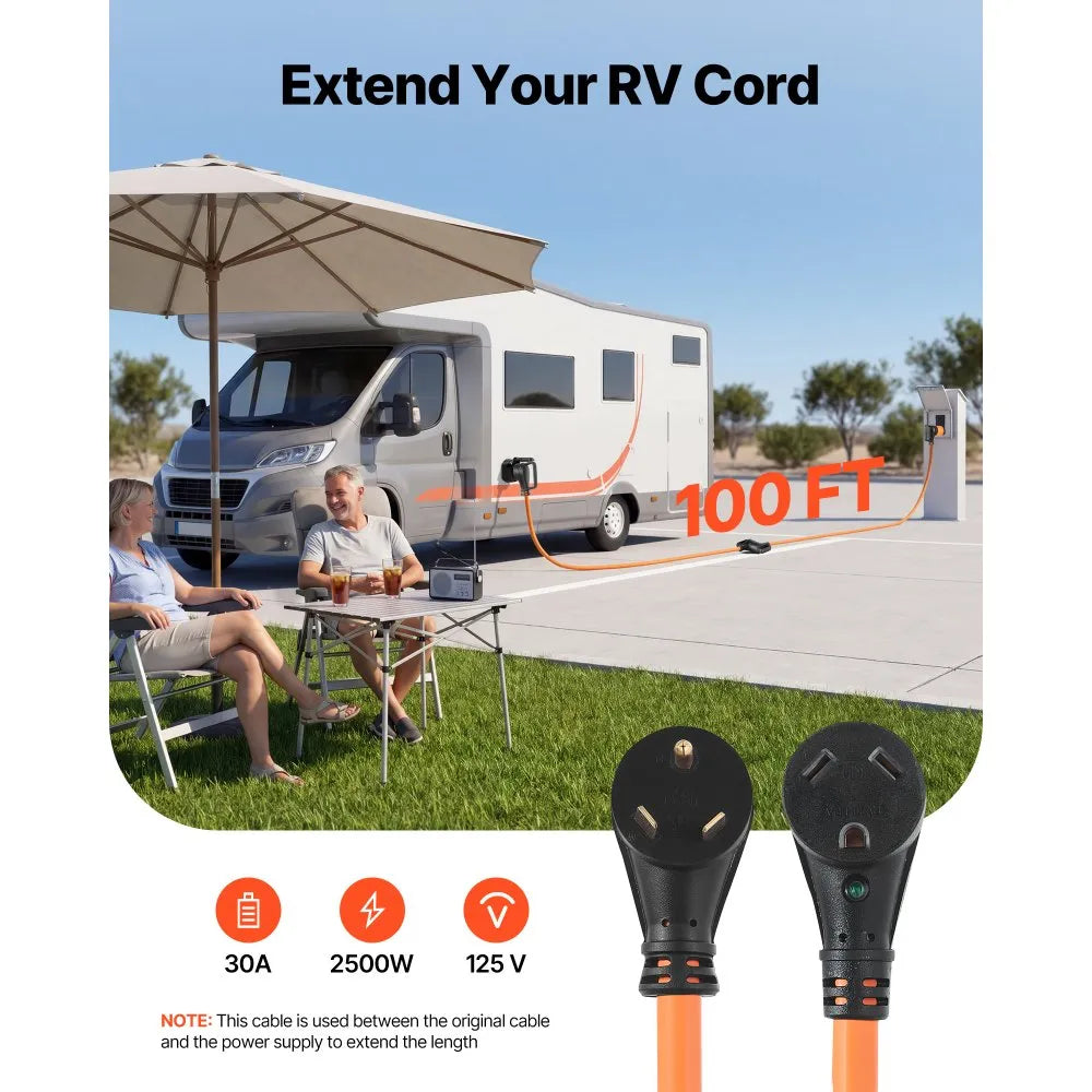 VEVOR 30 Amp 100 Feet RV Extension Cord, 125V 2500W, Heavy Duty 10/3 Gauge STW RV Power Cord, NEMA TT-30P to NEMA TT-30R, with Power Indicator, Cord Organizer, 15A Adapter, for Camper Travel Trailer