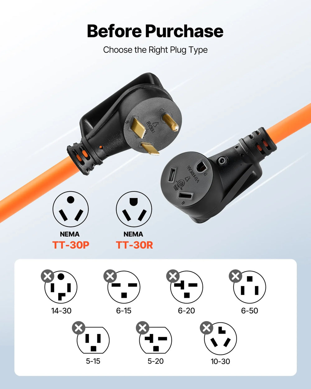 VEVOR 30 Amp 100 Feet RV Extension Cord, 125V 2500W, Heavy Duty 10/3 Gauge STW RV Power Cord, NEMA TT-30P to NEMA TT-30R, with Power Indicator, Cord Organizer, 15A Adapter, for Camper Travel Trailer