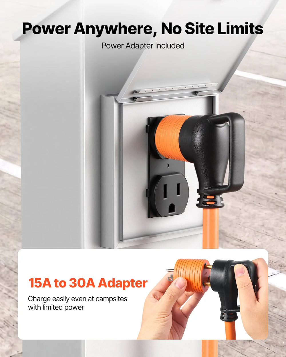 VEVOR 30 Amp 100 Feet RV Extension Cord, 125V 2500W, Heavy Duty 10/3 Gauge STW RV Power Cord, NEMA TT-30P to NEMA TT-30R, with Power Indicator, Cord Organizer, 15A Adapter, for Camper Travel Trailer