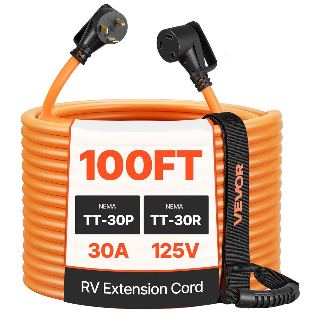 VEVOR 30 Amp 100 Feet RV Extension Cord, 125V 2500W, Heavy Duty 10/3 Gauge STW RV Power Cord, NEMA TT-30P to NEMA TT-30R, with Power Indicator, Cord Organizer, 15A Adapter, for Camper Travel Trailer