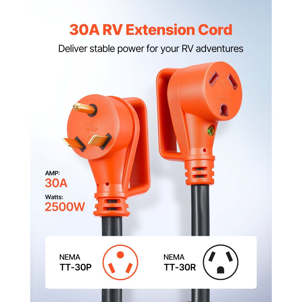 VEVOR 75 FT RV Extension Cord, 30 Amp, 125V 2500W Heavy Duty STW 10/3 Gauge Wire, NEMA TT-30P Male NEMA TT-30R Female Plug, with LED Power Indicator, Handle, 15A Adapter, for RV Trailer, ETL Listed