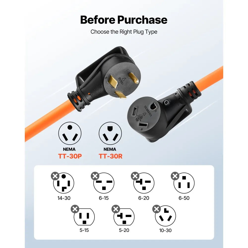 VEVOR 30 Amp 75 Feet RV Extension Cord, 125V 2500W, Heavy Duty 10/3 Gauge STW RV Power Cord, NEMA TT-30P to NEMA TT-30R, with Power Indicator, Cord Organizer, 15A Adapter, for Camper Travel Trailer