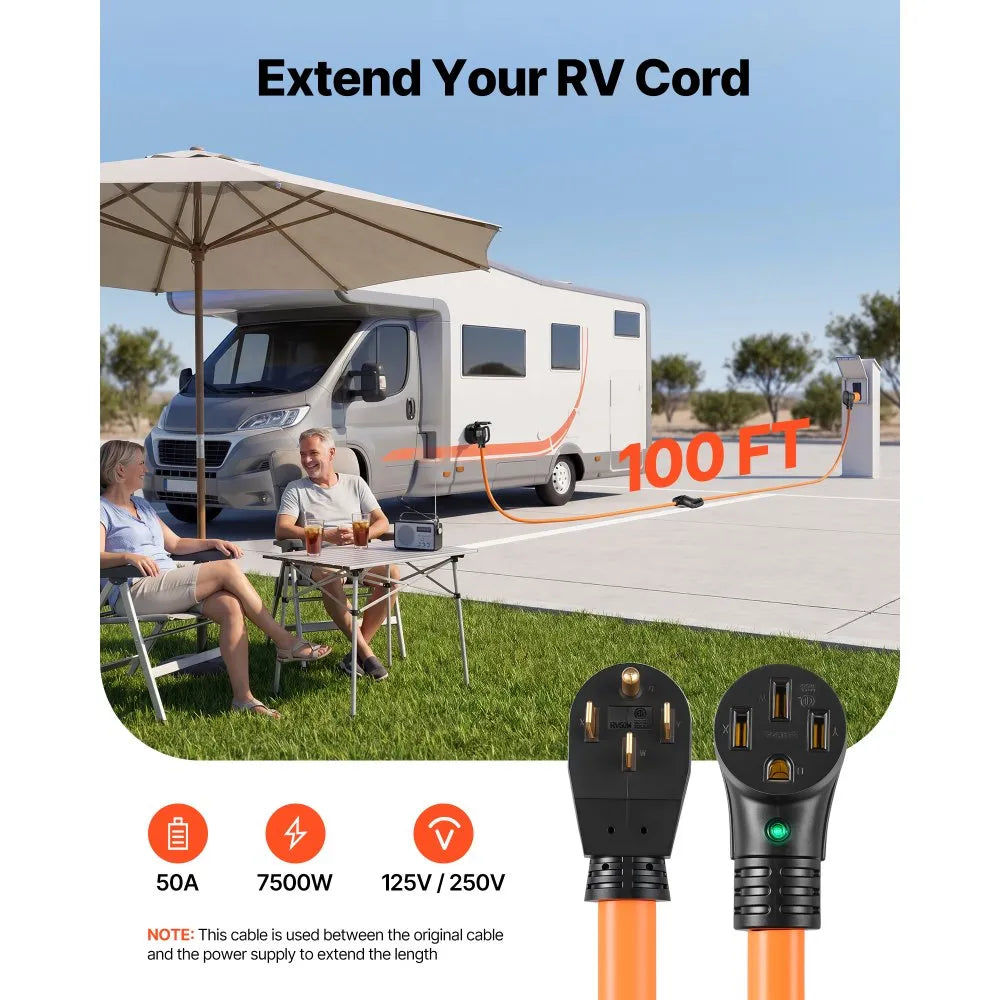 VEVOR 50 Amp 100 Feet RV Extension Cord, 125V/250V, Heavy Duty 6/3 + 8/1 Gauge STW RV Power Cord, NEMA 14-50P to NEMA 14-50R, with Power Indicator, Cord Organizer, 15A Adapter, for Camper Trailer