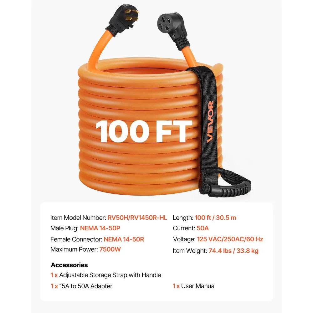 VEVOR 50 Amp 100 Feet RV Extension Cord, 125V/250V, Heavy Duty 6/3 + 8/1 Gauge STW RV Power Cord, NEMA 14-50P to NEMA 14-50R, with Power Indicator, Cord Organizer, 15A Adapter, for Camper Trailer