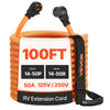 VEVOR 50 Amp 100 Feet RV Extension Cord, 125V/250V, Heavy Duty 6/3 + 8/1 Gauge STW RV Power Cord, NEMA 14-50P to NEMA 14-50R, with Power Indicator, Cord Organizer, 15A Adapter, for Camper Trailer