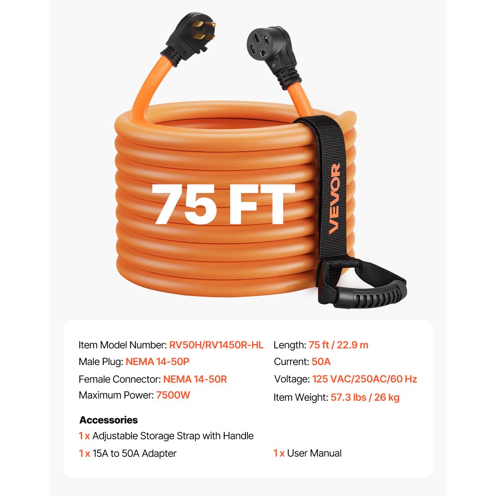 VEVOR 50 Amp 75 Feet RV Extension Cord, 125V/250V 7500W, Heavy Duty 6/3 + 8/1 Gauge STW RV Power Cord, NEMA 14-50P to NEMA 14-50R, with Power Indicator, Cord Organizer, 15A Adapter, for Camper Trailer