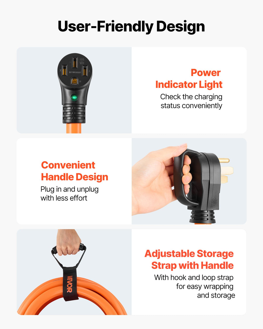 VEVOR 50 Amp 75 Feet RV Extension Cord, 125V/250V 7500W, Heavy Duty 6/3 + 8/1 Gauge STW RV Power Cord, NEMA 14-50P to NEMA 14-50R, with Power Indicator, Cord Organizer, 15A Adapter, for Camper Trailer