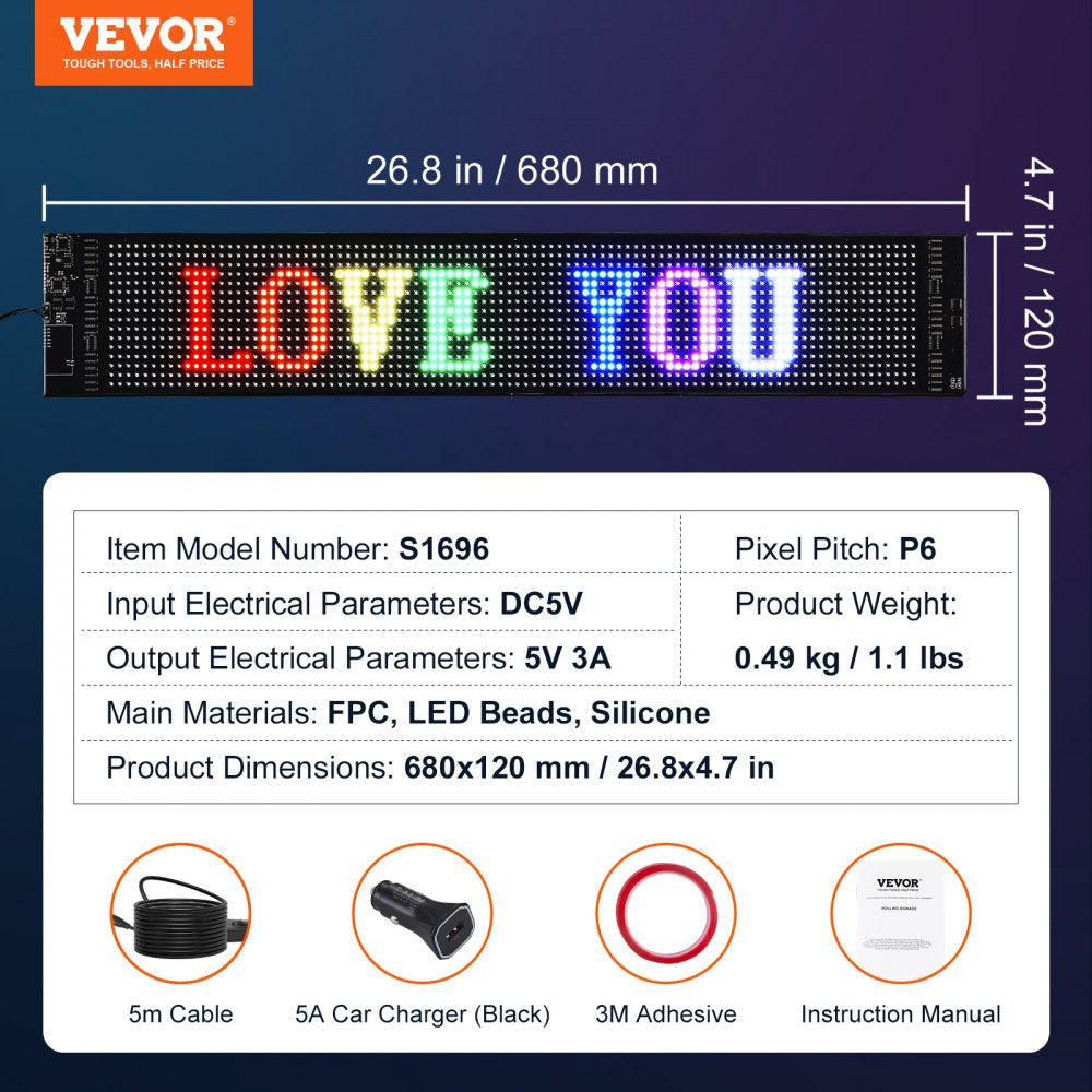 VEVOR Programmable LED Sign, P6 Full Color LED Scrolling Panel, DIY Custom Text Animation Pattern Display Board, Bluetooth APP Control Message Shop Sign for Store Business Car Advertising, 27"x5"