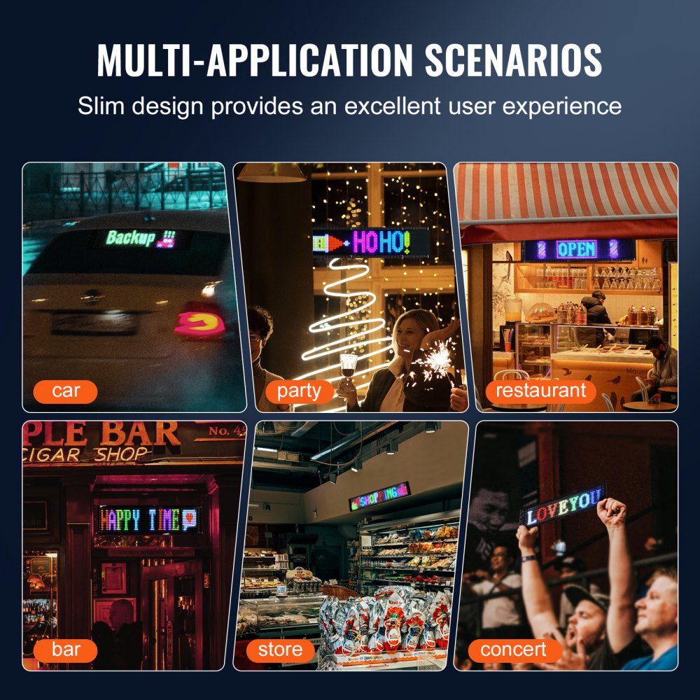 VEVOR Programmable LED Sign, P5 Full Color LED Scrolling Panel, DIY Custom Text Animation Pattern Display Board, Bluetooth APP Control Message Shop Sign for Store Business Car Advertising, 32.9"x8"