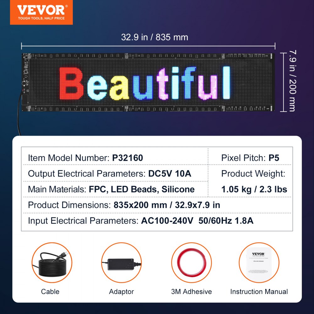 VEVOR Programmable LED Sign, P5 Full Color LED Scrolling Panel, DIY Custom Text Animation Pattern Display Board, Bluetooth APP Control Message Shop Sign for Store Business Car Advertising, 32.9"x8"