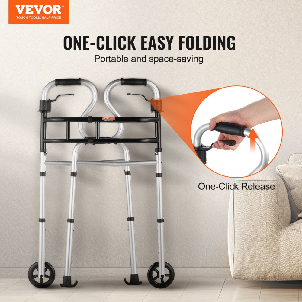VEVOR Folding Walker on Wheels, 3-in-1 Stand-Assist Folding Walkers with Adjustable Height and Width, Lightweight Aluminum | Front Wheeled Mobility Aid for Elderly Handicapped Disabled, Up to 350LBS