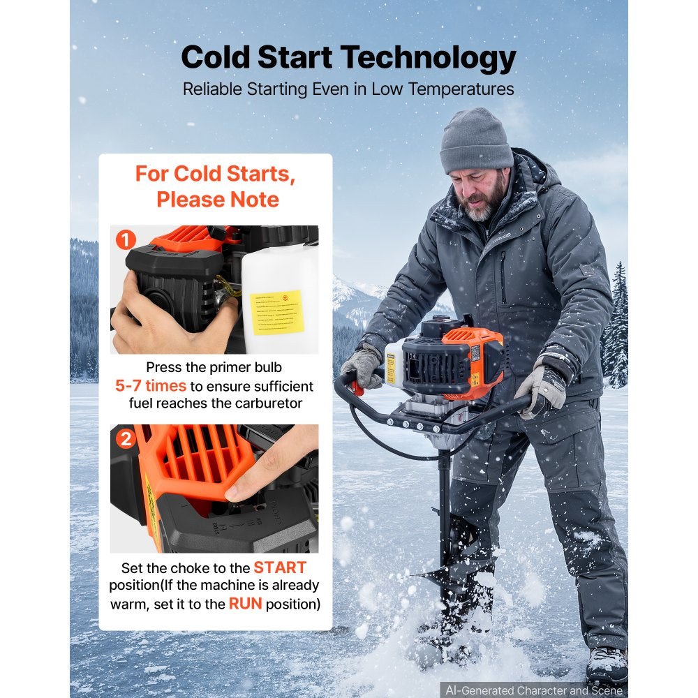 VEVOR Gas Powered Ice Auger 43 CC 2-Stroke 8" 2 in 1 Cordless Earth Auger, for Ice Fishing & Gardening, Cold-Resistant Post Hole Digger, Heavy Duty Burrowing Drilling with Drill Bits & Blade Guard