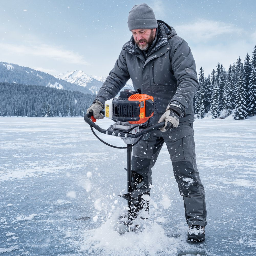 VEVOR Gas Powered Ice Auger 43 CC 2-Stroke 8" 2 in 1 Cordless Earth Auger, for Ice Fishing & Gardening, Cold-Resistant Post Hole Digger, Heavy Duty Burrowing Drilling with Drill Bits & Blade Guard