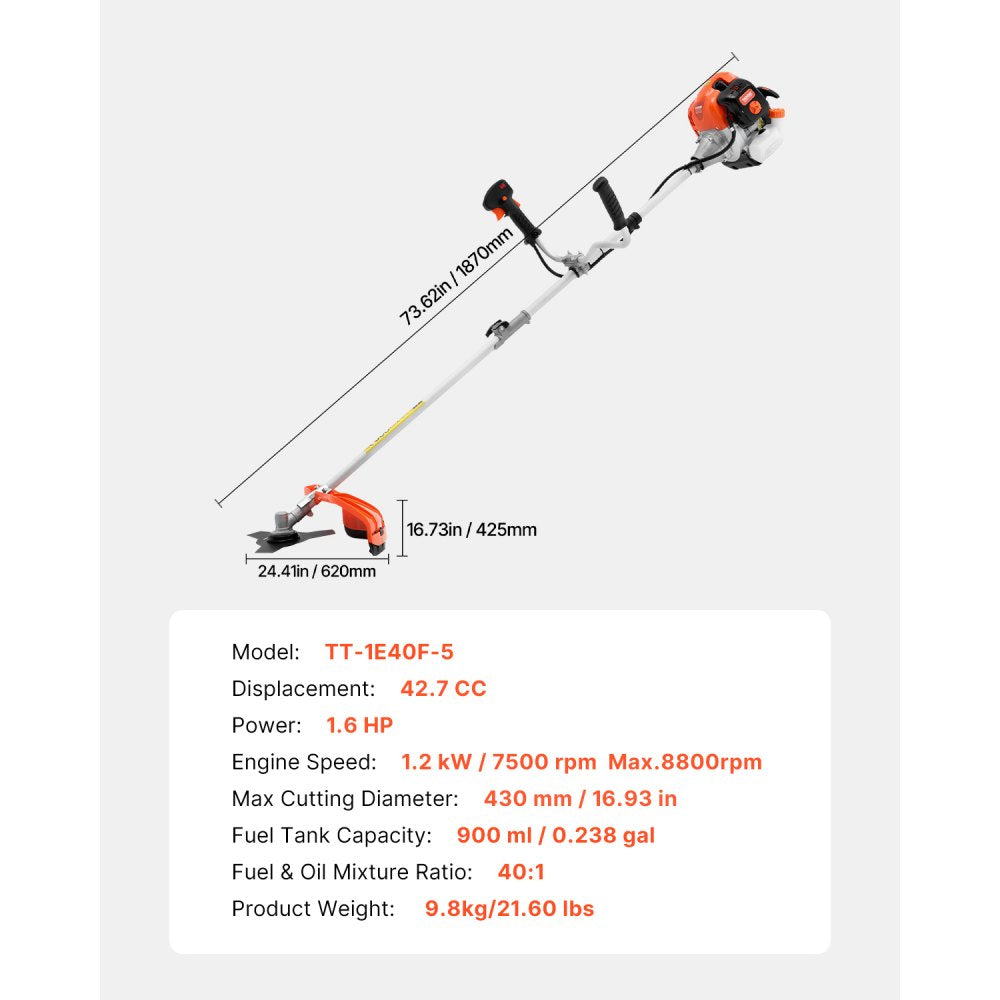 VEVOR String Trimmer, 42.7CC 2-Stroke, Gas Powered Weed Wacker, 16.9" Cordless Grass Trimmer, Multi-Functional Lawn Edger with Shoulder Strap & 3T Blade, Weed Eater for Quick Grass Cleaning
