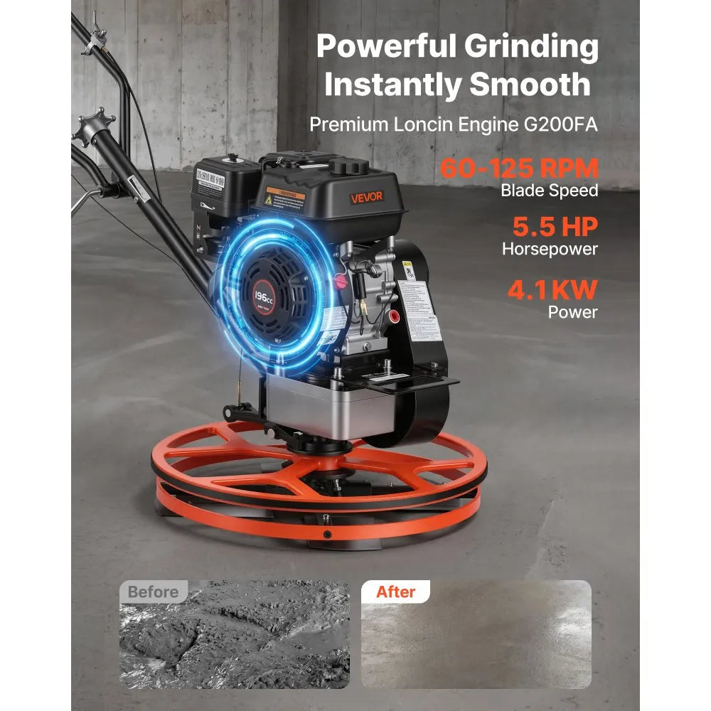 VEVOR Power Trowel, 24 inch Concrete Finishing Machine with Float Pan, 5.5HP Engine, 4 Blades, Adjustable Pitch, Gas-Powered Walk-Behind Cement Surface Finisher for Smooth Floors, Construction Use