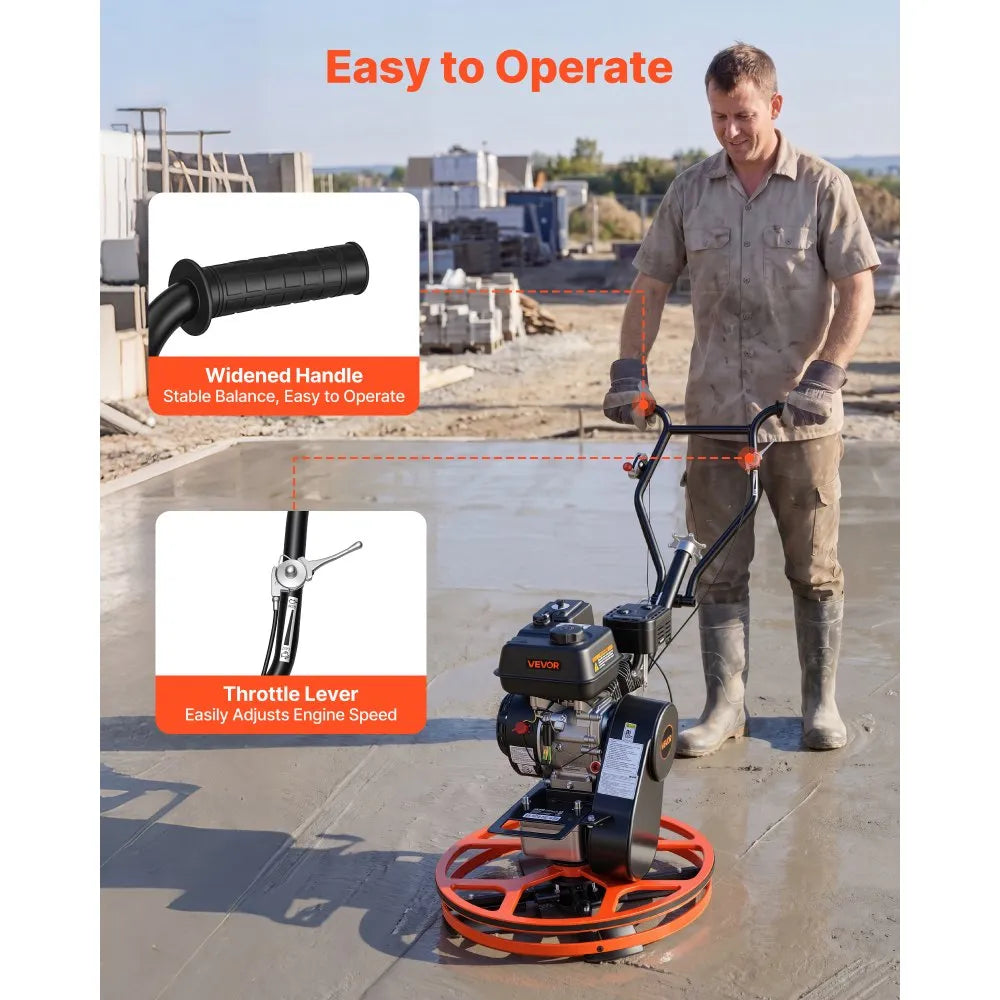 VEVOR Power Trowel, 24 inch Concrete Finishing Machine with Float Pan, 5.5HP Engine, 4 Blades, Adjustable Pitch, Gas-Powered Walk-Behind Cement Surface Finisher for Smooth Floors, Construction Use