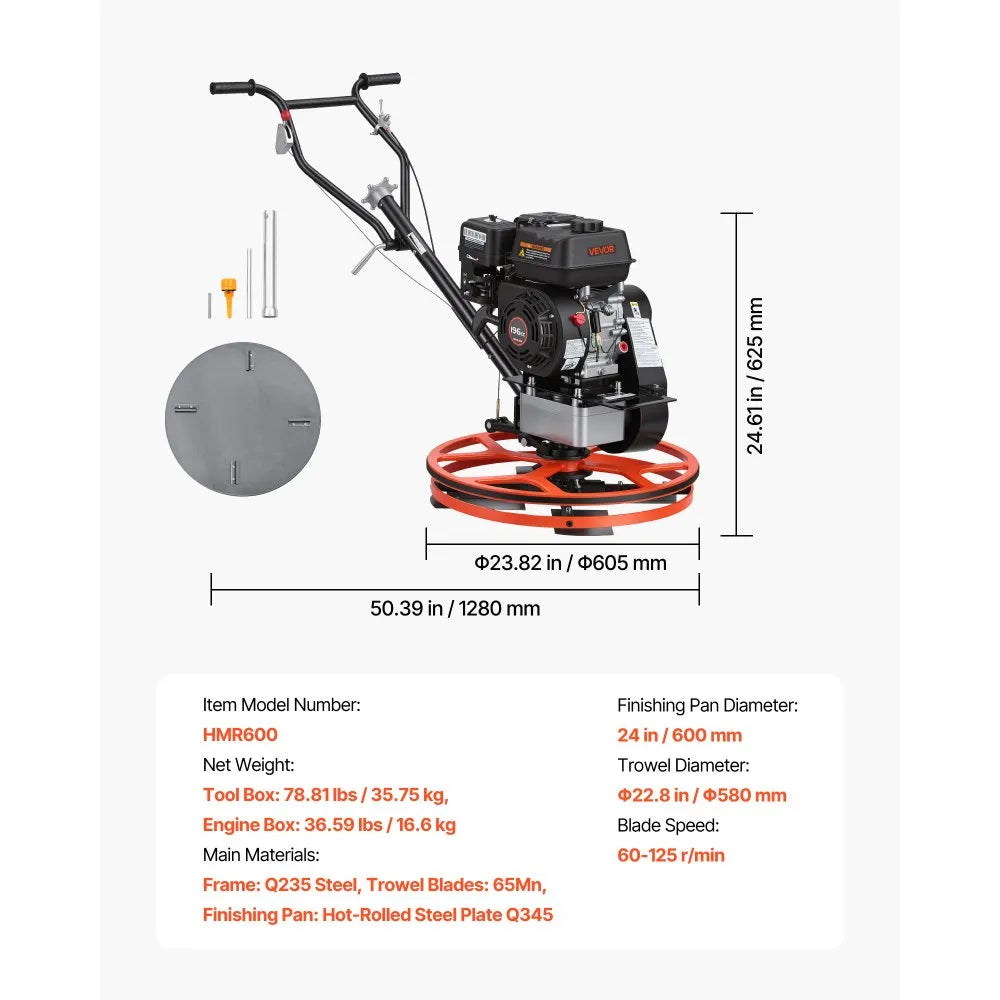 VEVOR Power Trowel, 24 inch Concrete Finishing Machine with Float Pan, 5.5HP Engine, 4 Blades, Adjustable Pitch, Gas-Powered Walk-Behind Cement Surface Finisher for Smooth Floors, Construction Use