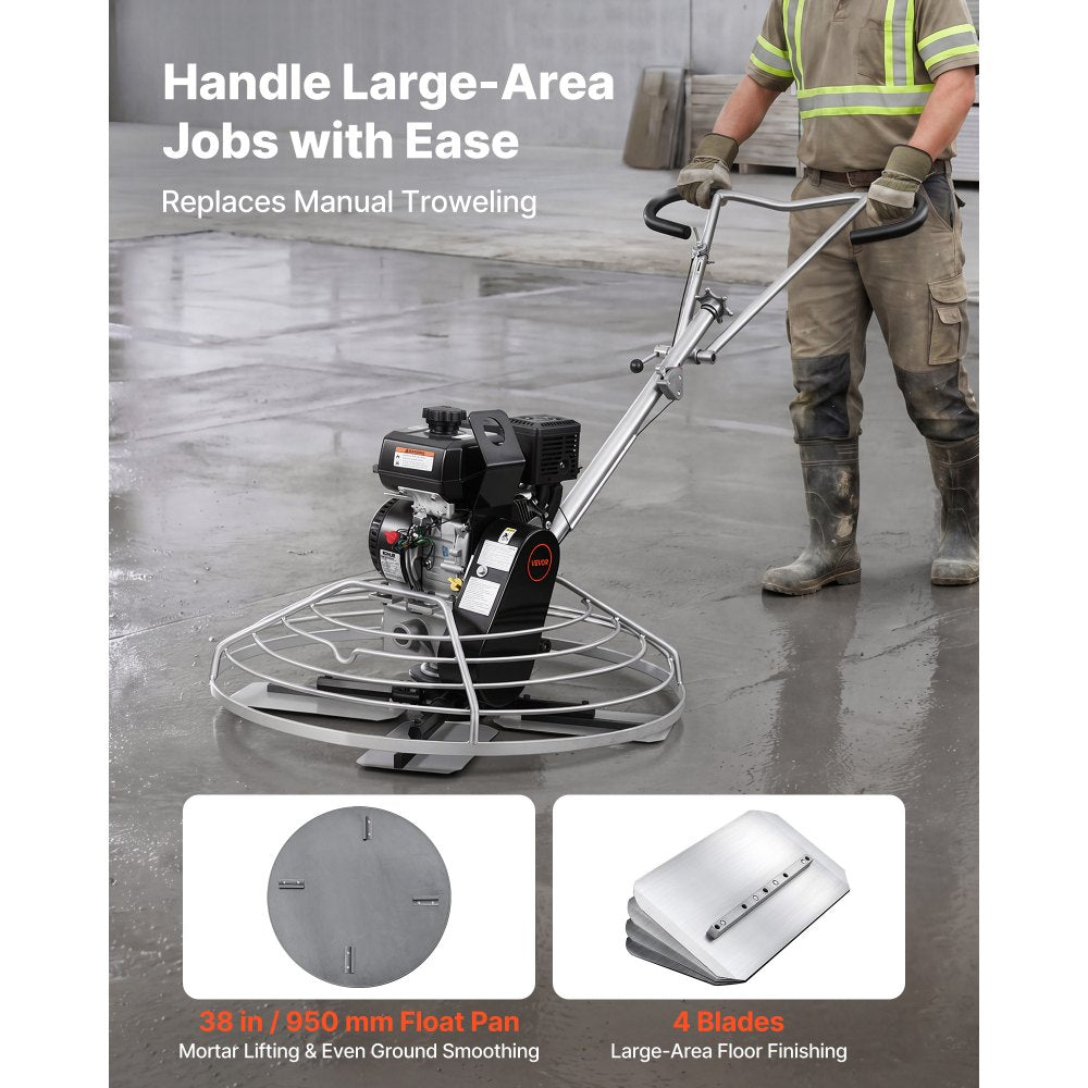 VEVOR Power Trowel, 38 inch Concrete Finishing Machine with Float Pan, 7HP Kohler Engine, 4 Blades, Adjustable Pitch, Gas-Powered Walk-Behind Cement Surface Finisher for Smooth Floors, Construction