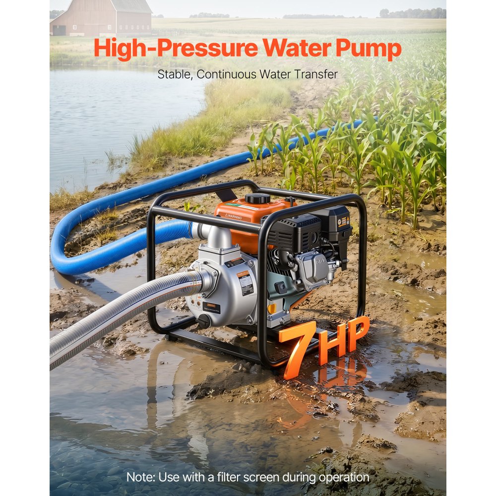 VEVOR Gas Powered Water Pump, 2 in, 132 GPM 7HP Semi Trash Water Transfer Pump Portable, Gasoline Engine with 25 ft Discharge Hose, Heavy Duty Frame, Cast Iron Impeller, for Irrigation, Ponds, Pools