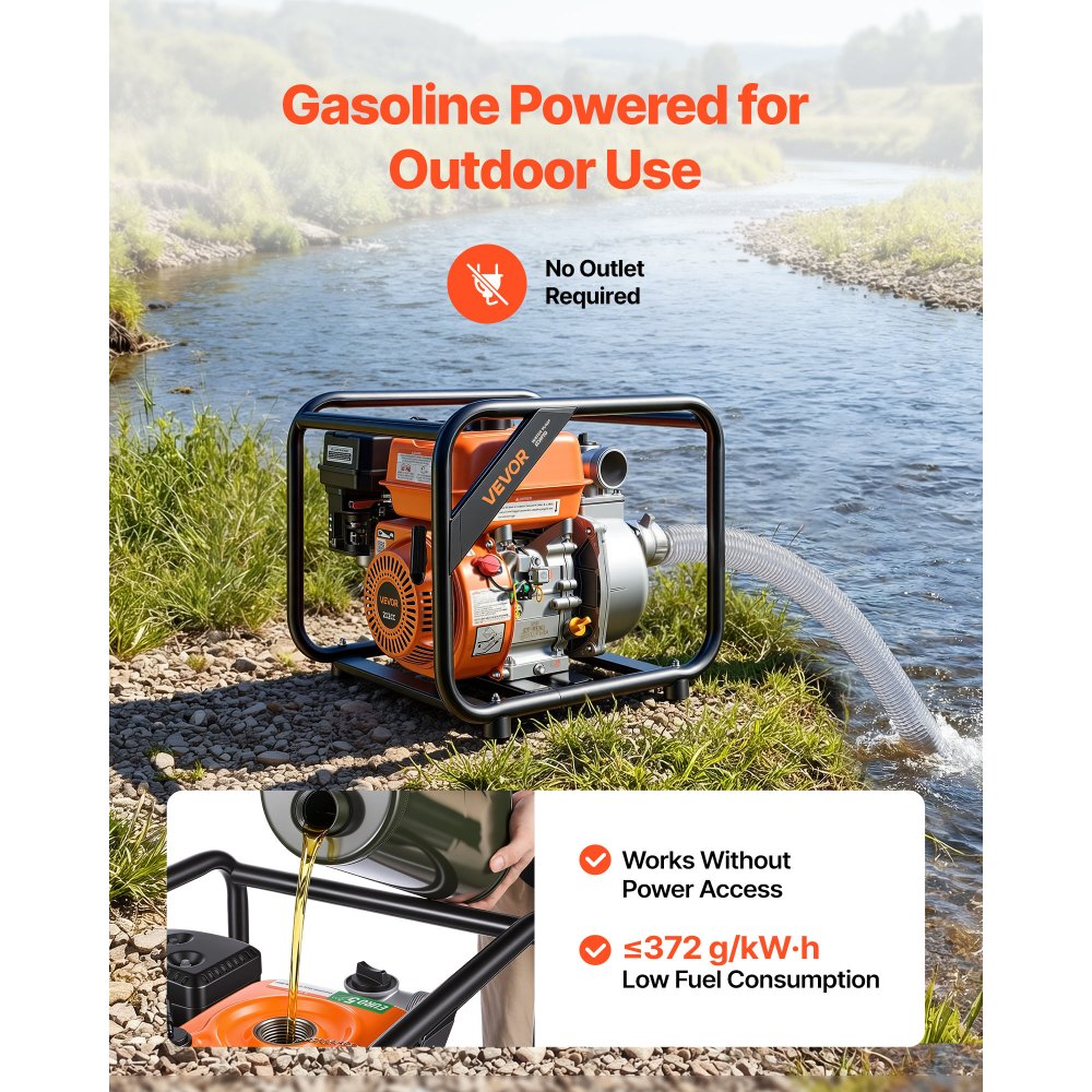 VEVOR Gas Powered Water Pump, 2 in, 132 GPM 7HP Semi Trash Water Transfer Pump Portable, Gasoline Engine with 25 ft Discharge Hose, Heavy Duty Frame, Cast Iron Impeller, for Irrigation, Ponds, Pools