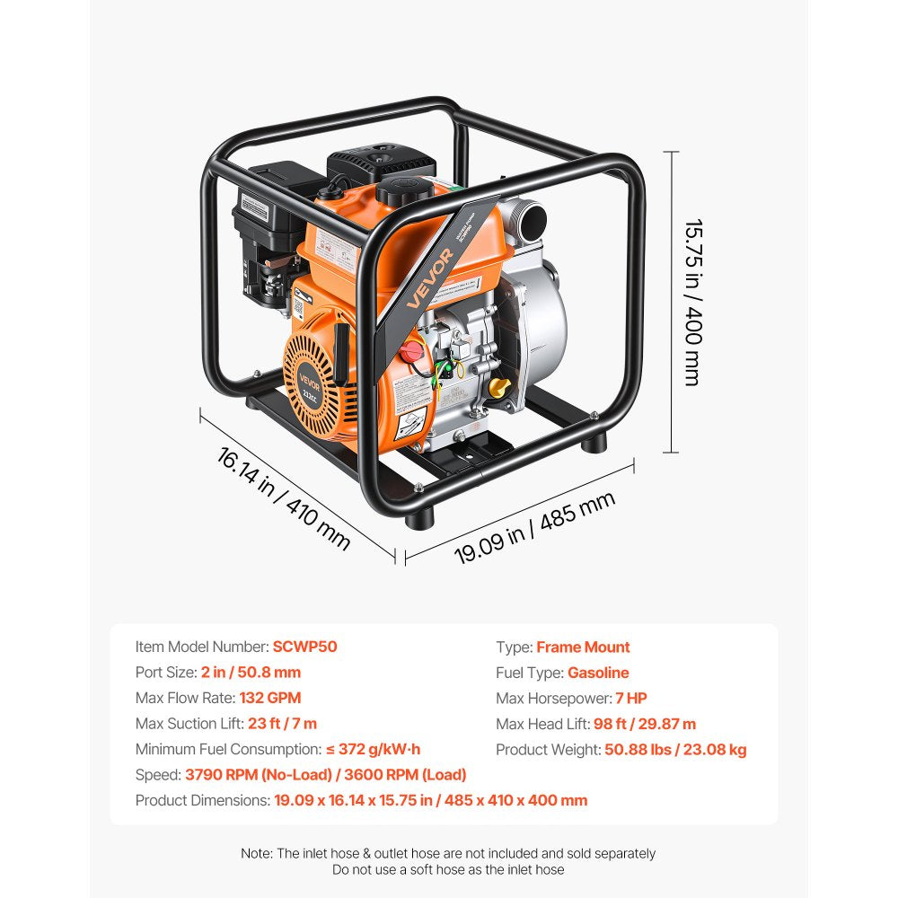 VEVOR Gas Powered Water Pump, 2 in, 132 GPM 7HP Semi Trash Water Transfer Pump Portable, Gasoline Engine with 25 ft Discharge Hose, Heavy Duty Frame, Cast Iron Impeller, for Irrigation, Ponds, Pools