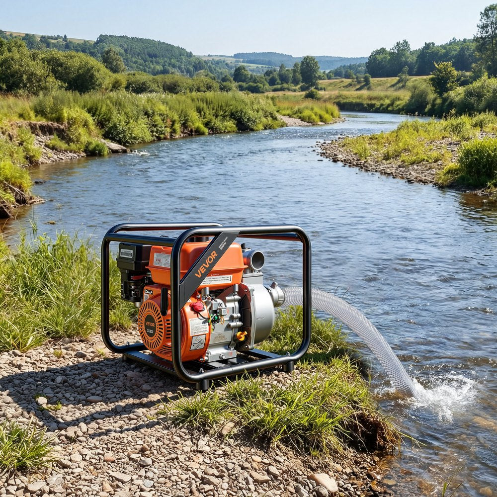 VEVOR Gas Powered Water Pump, 2 in, 132 GPM 7HP Semi Trash Water Transfer Pump Portable, Gasoline Engine with 25 ft Discharge Hose, Heavy Duty Frame, Cast Iron Impeller, for Irrigation, Ponds, Pools