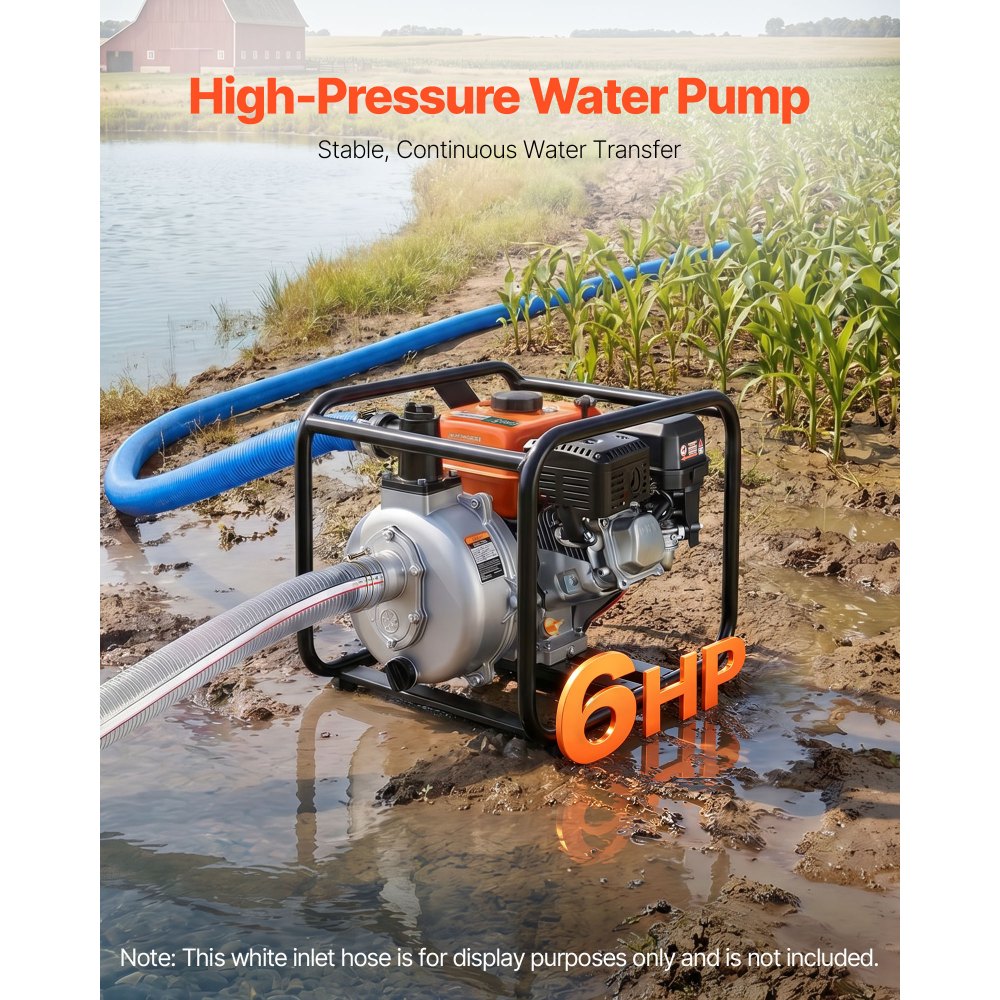 VEVOR Gas Powered Water Pump, 2 in, 128 GPM 6HP Semi Trash Water Transfer Pump Portable, Gasoline Engine with 25 ft Discharge Hose, Heavy Duty Frame, Cast Iron Impeller, for Irrigation, Ponds, Pools