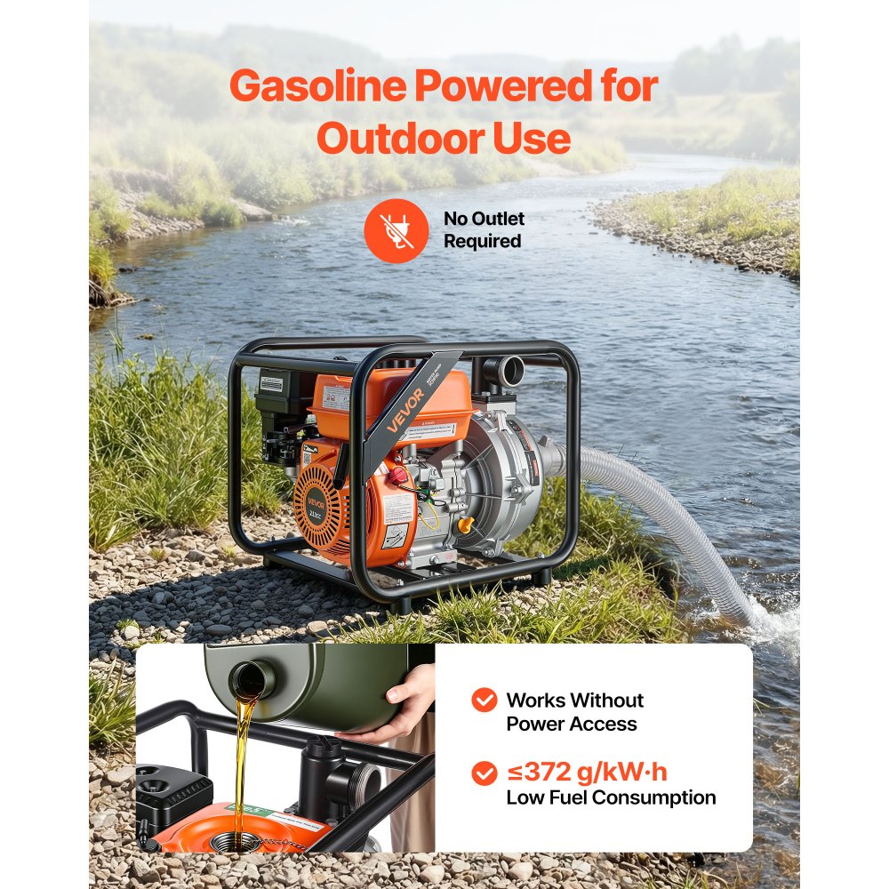 VEVOR Gas Powered Water Pump, 2 in, 128 GPM 6HP Semi Trash Water Transfer Pump Portable, Gasoline Engine with 25 ft Discharge Hose, Heavy Duty Frame, Cast Iron Impeller, for Irrigation, Ponds, Pools