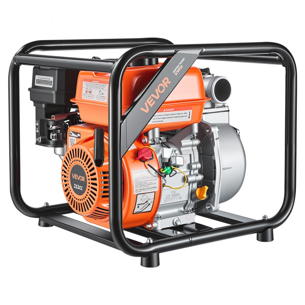 VEVOR Gas Powered Water Pump, 2 in, 142 GPM 7HP Semi Trash Water Transfer Pump Portable, Gasoline Engine with 25 ft Discharge Hose, Heavy Duty Frame, Cast Iron Impeller, for Irrigation, Ponds, Pools
