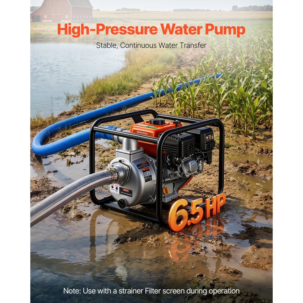 VEVOR Gas Powered Water Pump, 2 in, 132 GPM 6.5HP Semi Trash Water Transfer Pump Portable, Gasoline Engine with 25 ft Discharge Hose, Heavy Duty Frame, Cast Iron Impeller, for Irrigation, Ponds, Pools