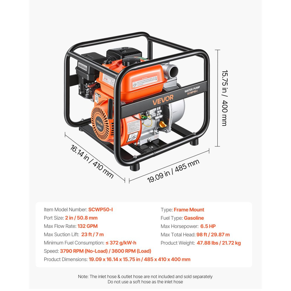 VEVOR Gas Powered Water Pump, 2 in, 132 GPM 6.5HP Semi Trash Water Transfer Pump Portable, Gasoline Engine with 25 ft Discharge Hose, Heavy Duty Frame, Cast Iron Impeller, for Irrigation, Ponds, Pools