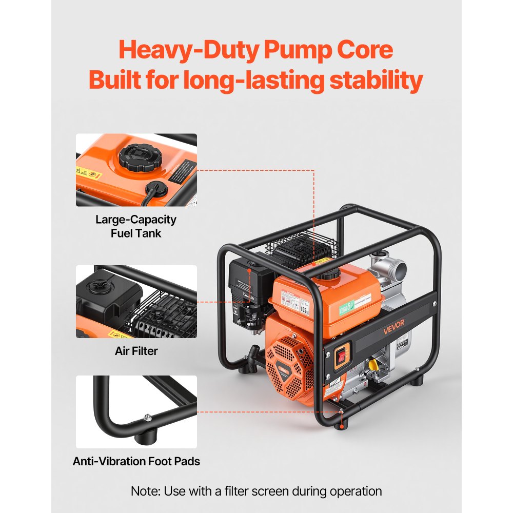VEVOR Gas Powered Water Pump, 2 in, 158 GPM 7HP Semi Trash Water Transfer Pump Portable, Gasoline Engine with 25 ft Discharge Hose, Heavy Duty Frame, Cast Iron Impeller, for Irrigation, Ponds, Pools