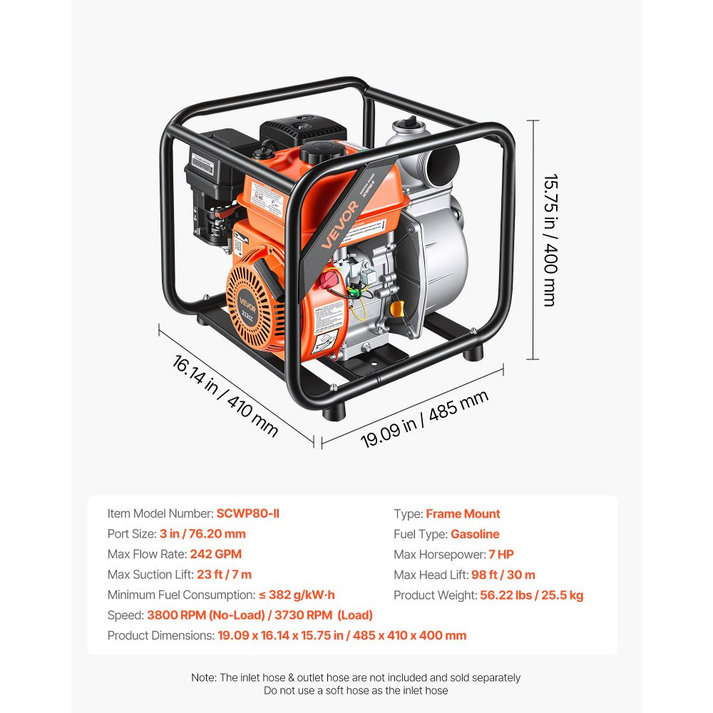 VEVOR Gas Powered Water Pump, 3 in, 242 GPM 7HP Semi Trash Water Transfer Pump Portable, Gasoline Engine with 25 ft Discharge Hose, Heavy Duty Frame, Cast Iron Impeller, for Irrigation, Ponds, Pools