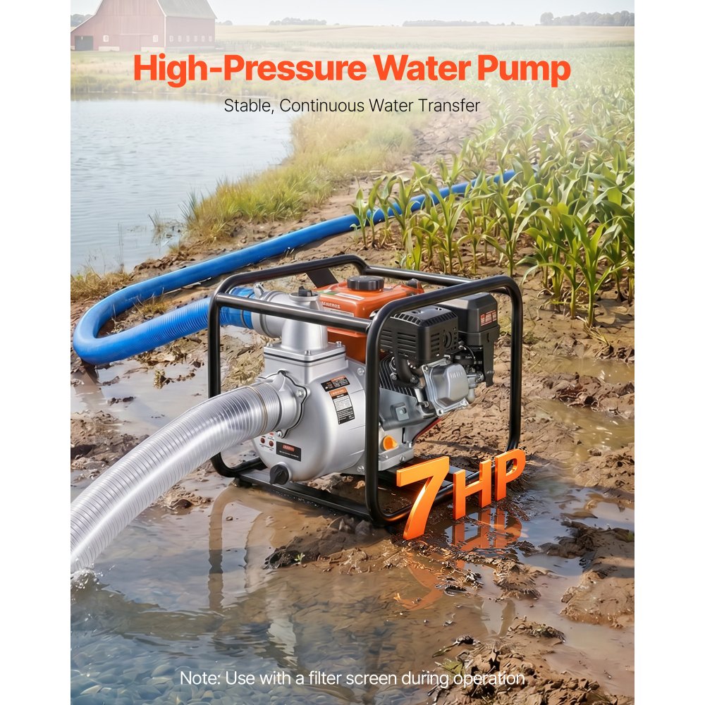 VEVOR Gas Powered Water Pump, 3 in, 264 GPM 7HP Semi Trash Water Transfer Pump Portable, Gasoline Engine with 25 ft Discharge Hose, Heavy Duty Frame, Cast Iron Impeller, for Irrigation, Ponds, Pools